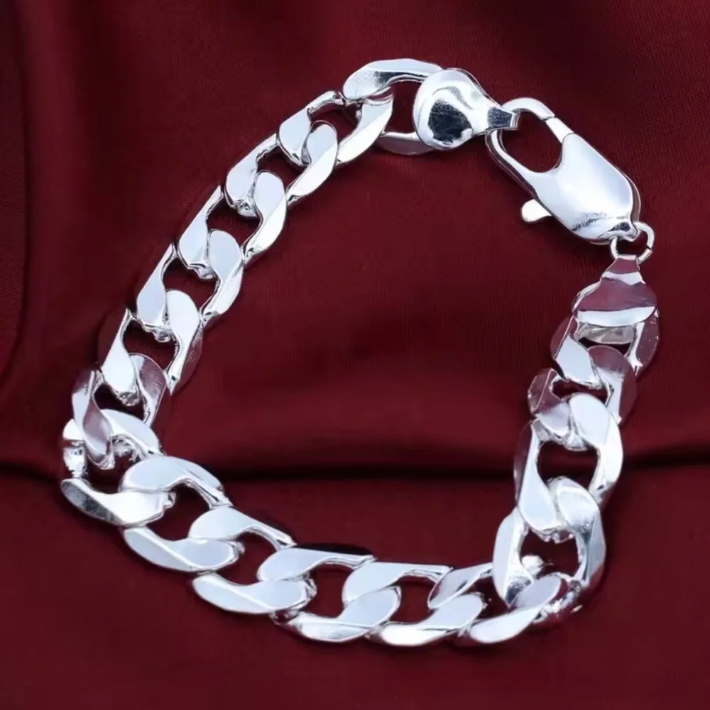 Mens sterling silver bracelet 12mm wide, 8” long
